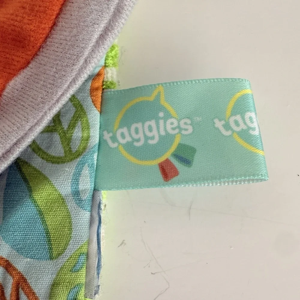 Taggies Elephant Sensory Crinkle Baby Toy‎ Green Striped Leaf Print Ribbon Tabs